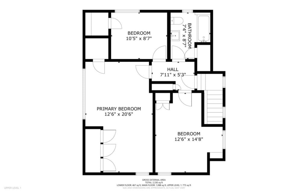Floor plan showing three bedrooms, a bathroom, and a hall. The primary bedroom is labeled 126 x 206, another bedroom 126 x 148, and the third bedroom 105 x 87. The bathroom is 42 x 87, and the hall is 711 x 53.