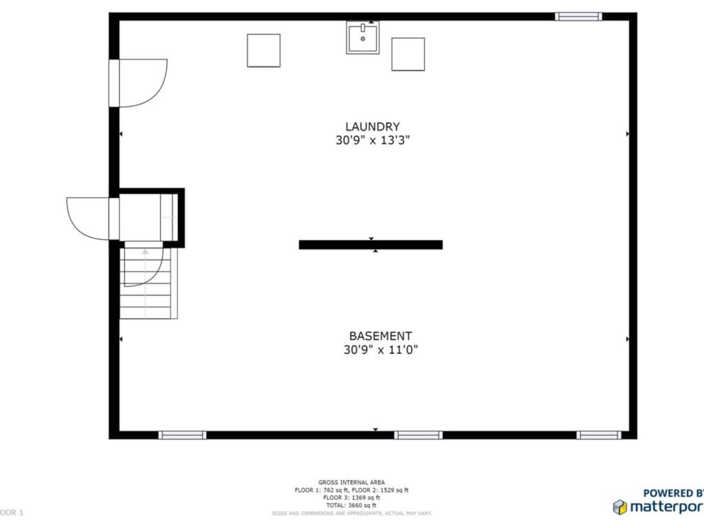 Floor plan of a basement area measuring 309 x 110 and a laundry room measuring 309 x 133. Includes a staircase and a door. The layout is powered by Matterport.