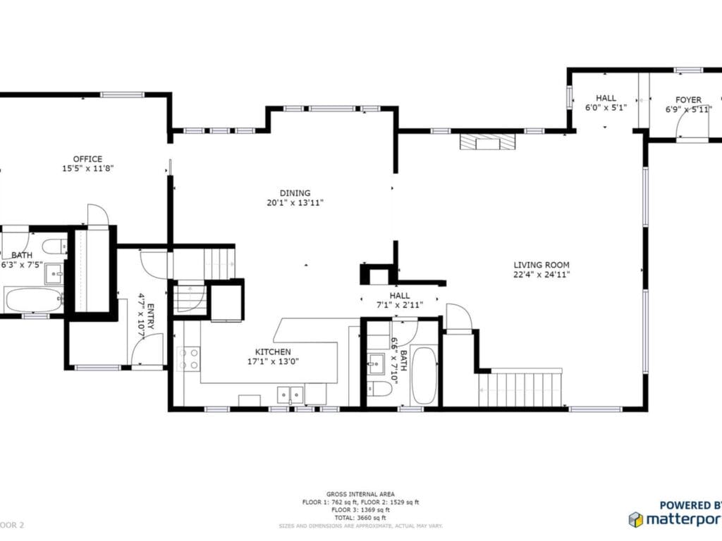 Floor plan of a house including a foyer, living room, dining room, kitchen, office, two bathrooms, and a hall. The layout shows room dimensions and a staircase. The image is labeled as powered by Matterport.