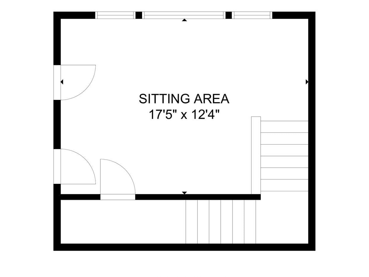 A floor plan of a sitting area measuring 175 by 124. The layout shows the entrance on the left and stairs on the right. The room is rectangular with three windows on the top wall.