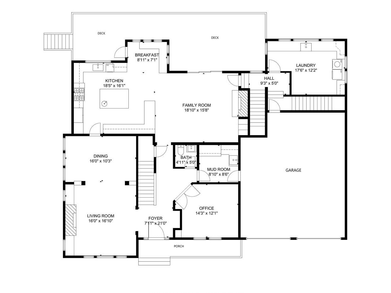 Floor plan of a house showing various rooms: kitchen, breakfast area, family room, dining room, living room, office, foyer, mudroom, laundry room, hall, and a garage. Two staircases and a porch are also visible.