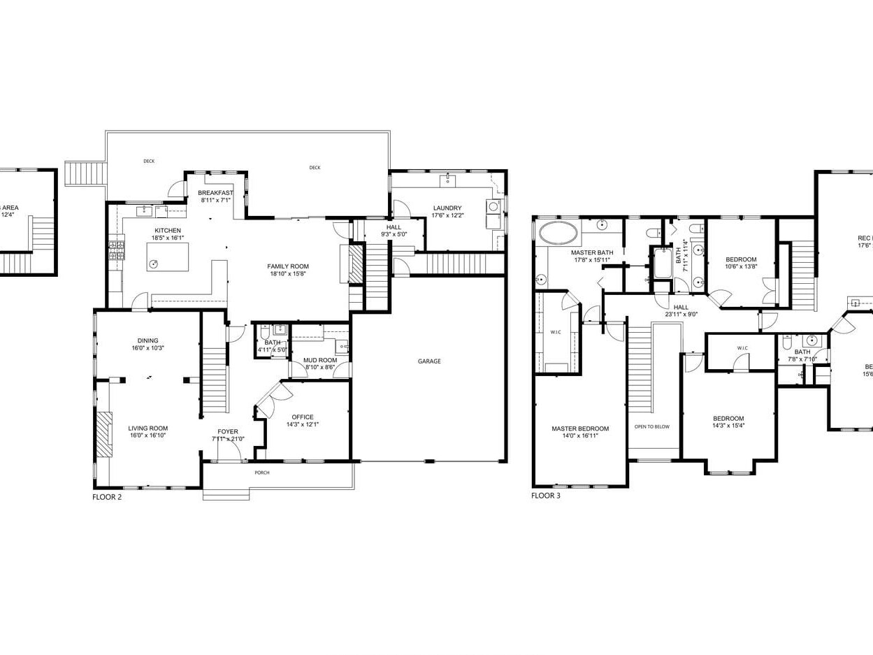 Black and white floor plan of a three-story house featuring bedrooms, bathrooms, a dining room, a kitchen, a family room, a laundry area, a rec room, an office, and a garage. Each room is labeled with its name and dimensions.