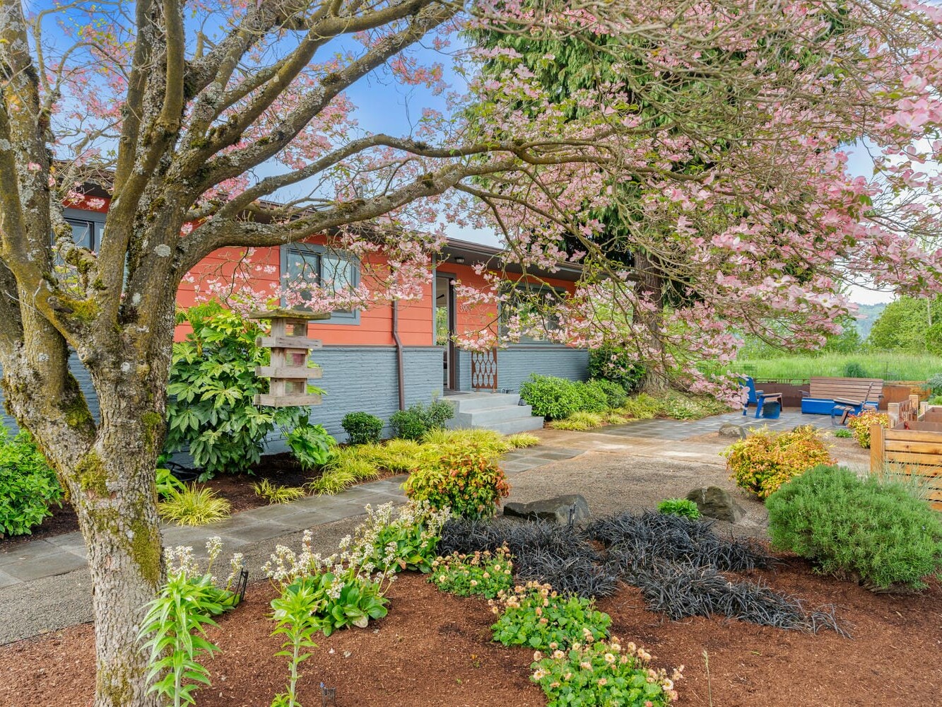 A charming garden featuring a blooming tree with pink flowers stands in front of a house with a red exterior. The landscaped yard includes various shrubs and plants, with a bench in the background, under a clear blue sky.