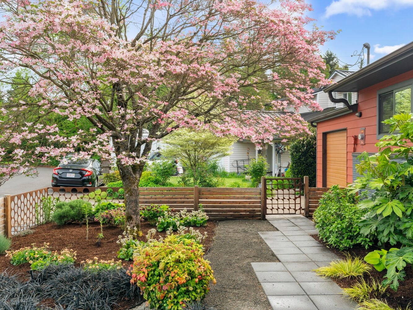 A serene garden with a pink-blossomed tree stands in front of a red house on a sunny day. A pathway, bordered by green foliage, leads to a wooden fence. A car is parked on the street in the background.