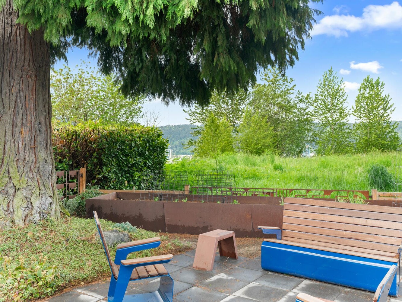 A serene outdoor scene with wooden benches and a chair on a paved area, under a large tree. There are raised garden beds nearby and lush greenery in the background, with a view of distant hills under a clear blue sky.