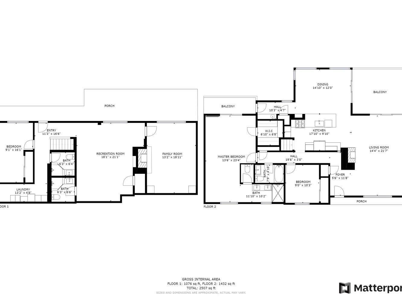 Floor plan of a two-story house featuring multiple bedrooms, bathrooms, a kitchen, dining and living areas, a study, balconies, and a porch with labeled dimensions for each room.