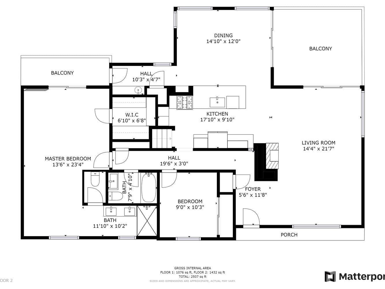 Floor plan of a house featuring two bedrooms, a living room, dining area, kitchen, two bathrooms, and a foyer. Includes two balconies and a porch. Measurements for each room are provided.