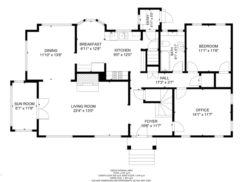 Floor plan of a house with labeled rooms: dining, breakfast, kitchen, bedroom, office, sun room, living room, foyer, and entry. Measurements in feet are provided for each room. Features include a front entry porch and hall with closet and bath access.