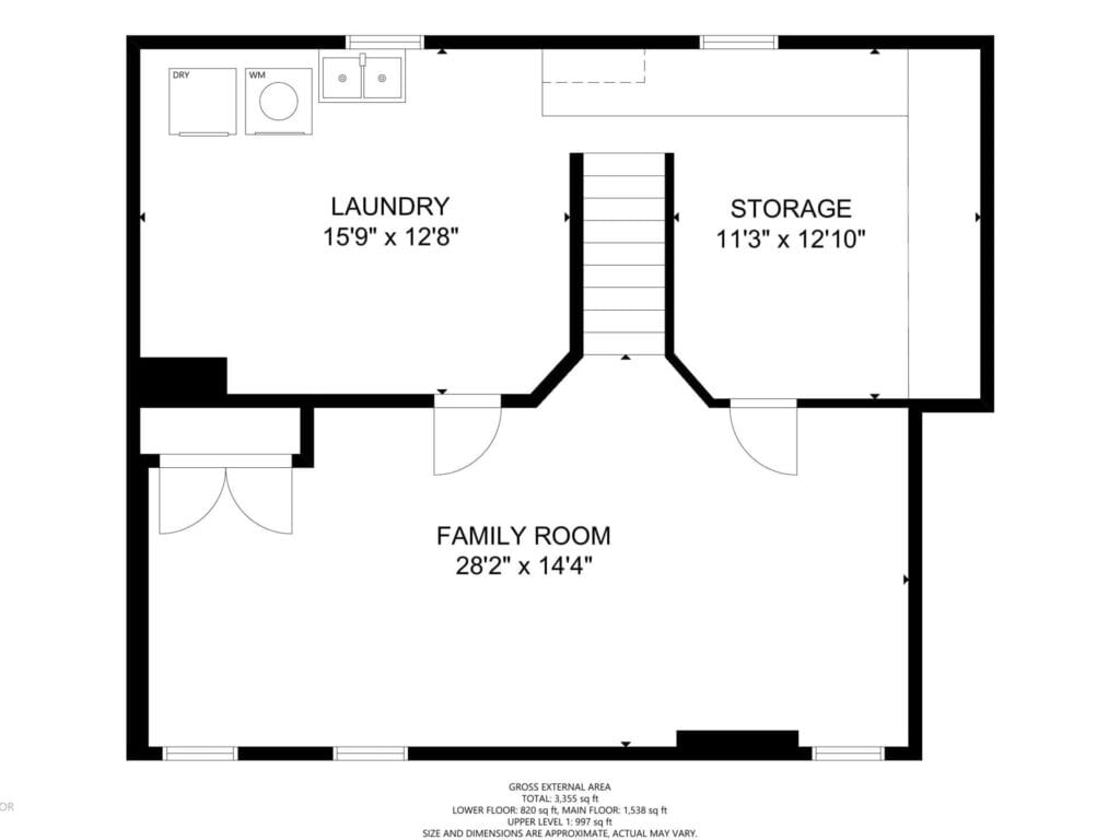 A floor plan showing three rooms: a laundry room (159 x 128), a storage room (113 x 1210), and a family room (282 x 144). Includes doors and a staircase in the center.