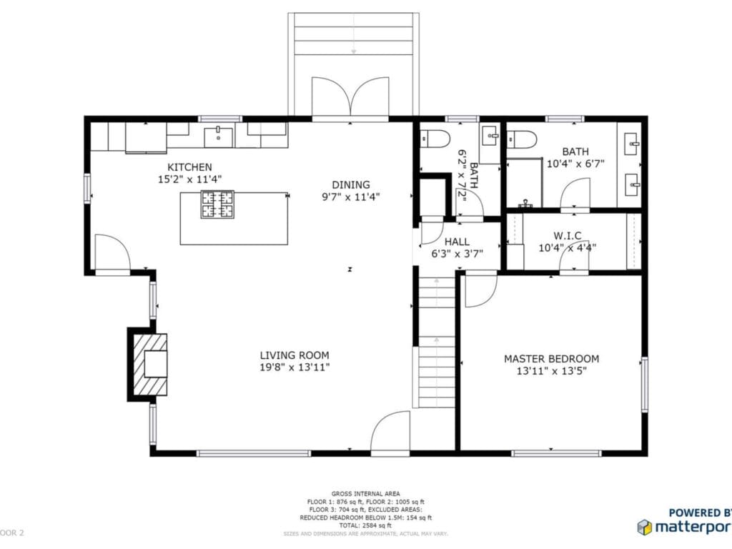 Floor plan of a home featuring a kitchen, dining area, living room, master bedroom with walk-in closet, bathroom, and hall. The layout includes room dimensions and an area for stairs.