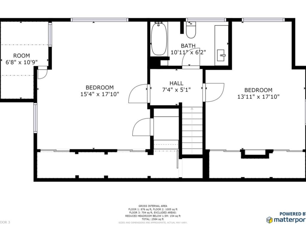Floor plan showing two bedrooms, a bathroom, and a small room. Dimensions are labeled: Bedroom 1 (154 x 1710), Bedroom 2 (1311 x 1710), Room (68 x 109), Hallway (74 x 51), and Bathroom (1011 x 62). Powered by Matterport.