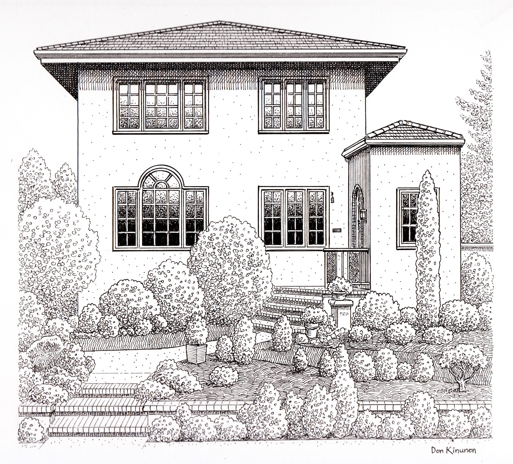 A detailed black and white illustration of a two-story house with a tiled roof and arched windows. The front yard features manicured bushes, trees, and a brick path leading to the entrance.