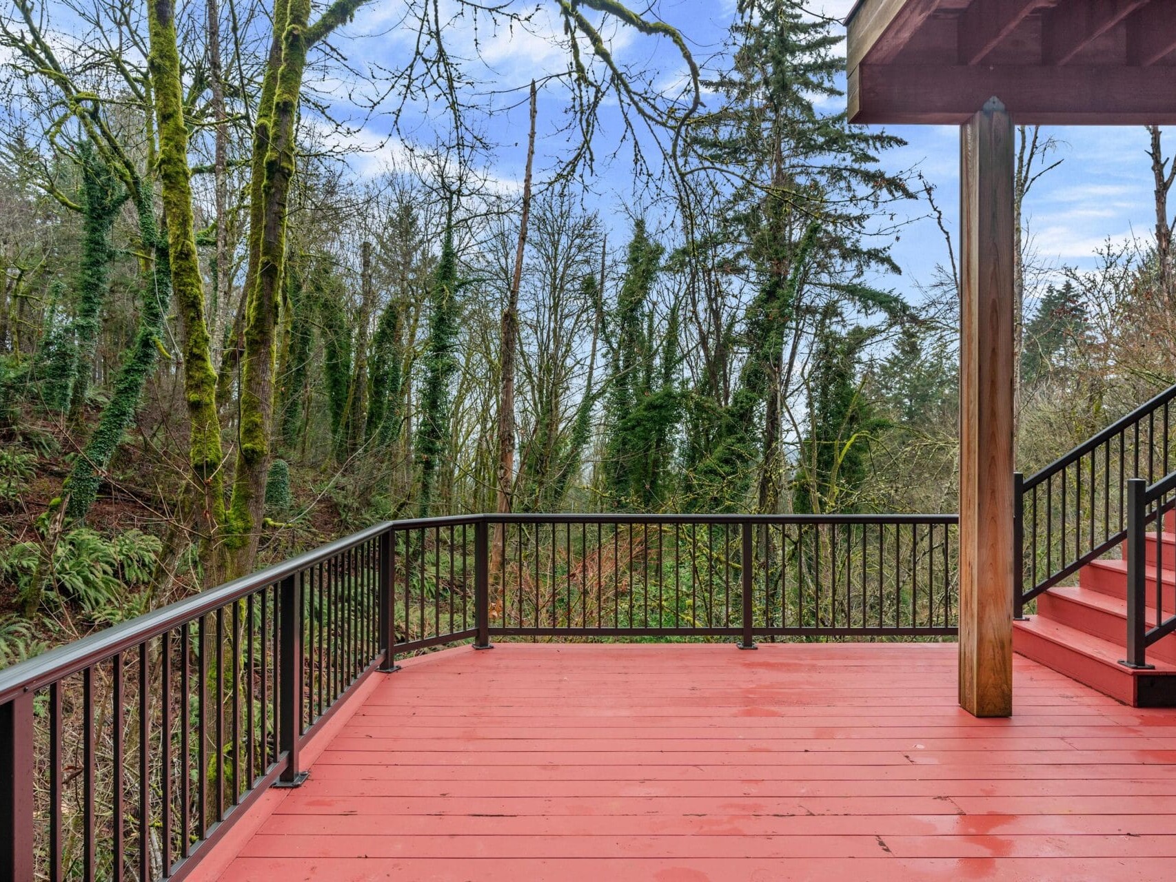 A wooden deck with a black railing overlooks a forested area. The deck has red stairs leading downward. The surrounding trees are tall with sparse foliage, and the sky is partly cloudy.
