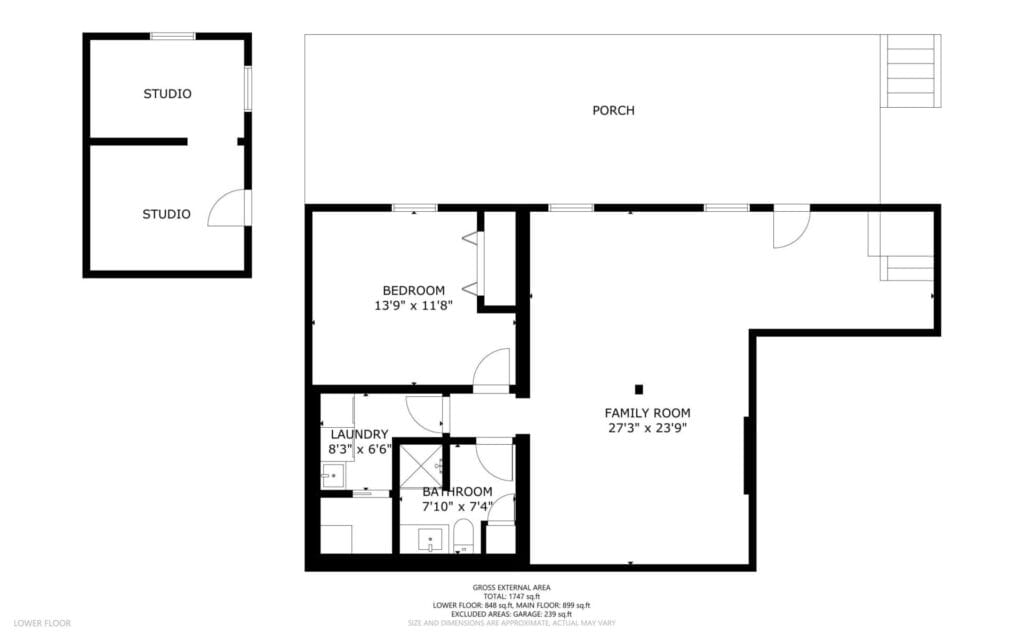 Floor plan illustrating a lower floor with a porch, family room, bedroom, bathroom, laundry room, and two studio spaces. Dimensions for each room are marked, and a staircase leads from the family room.