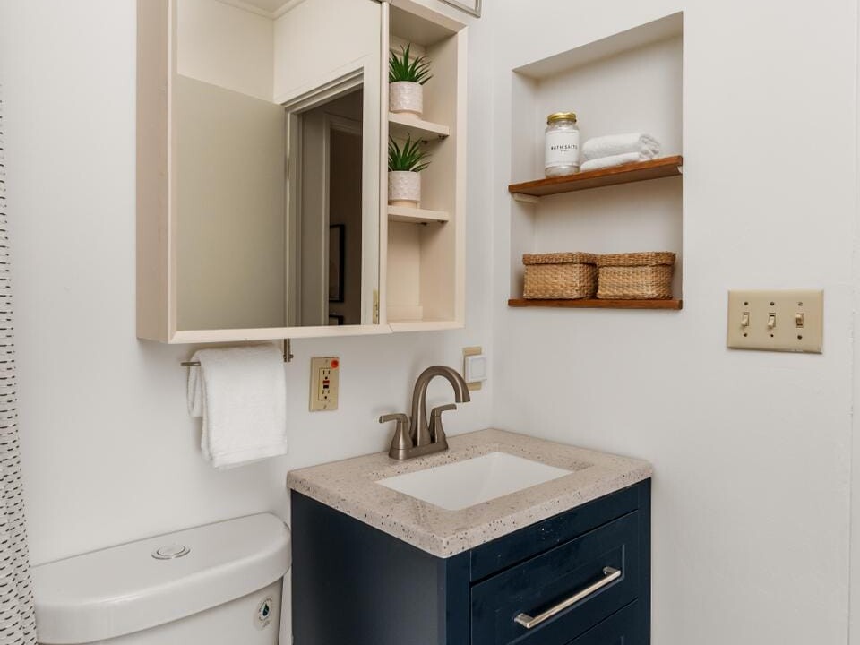 A small bathroom with a white toilet and a navy blue vanity with a white countertop. A mirror with lights above it is mounted on the wall. Shelves hold plants and baskets, and a hand towel hangs on a bar below the mirror.