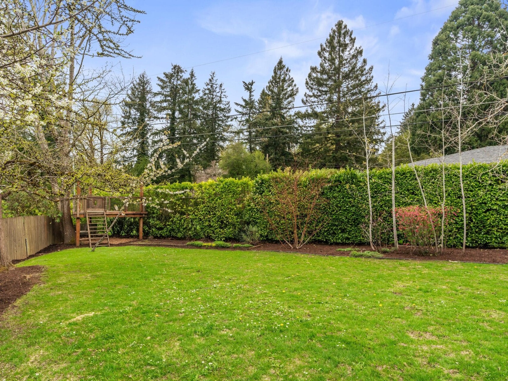 A spacious backyard with a green lawn, tall trees, and a wooden play structure with a slide in the corner. Bushes and hedges line the fence, and overhead wires cross the clear blue sky.