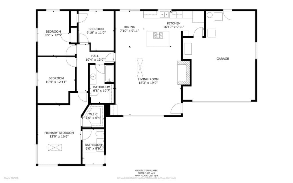 Black and white floor plan of a single-story house featuring four bedrooms, two bathrooms, kitchen, dining, living room, walk-in closet, hall, and attached garage. Each room is labeled with dimensions.