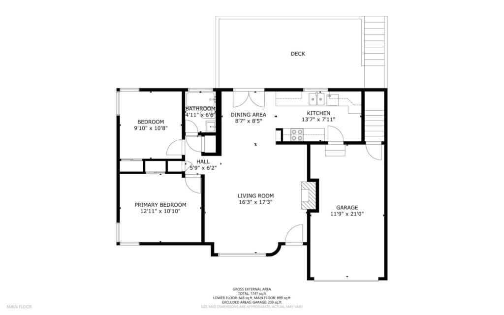 Floor plan of a house featuring a living room, kitchen, dining area, primary bedroom, additional bedroom, bathroom, hall, garage, and an outdoor deck. Each room indicates dimensions in feet and inches.