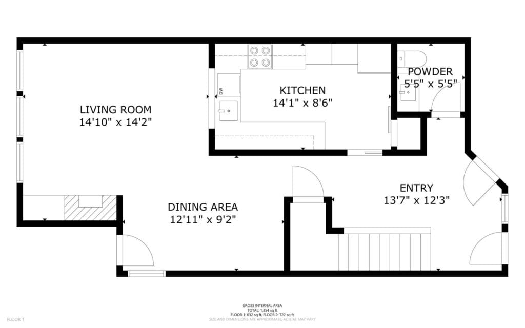 Black and white floor plan showing a living room, dining area, kitchen, entryway, and powder room, with labeled room names and dimensions for each space. Doors and windows are clearly indicated throughout the layout.
