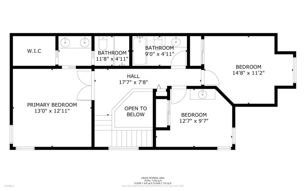 Black and white floor plan showing three bedrooms, three bathrooms, a walk-in closet, and a central hall with stairs. The primary bedroom has an en-suite bathroom and walk-in closet. Bedrooms are labeled with measurements.
