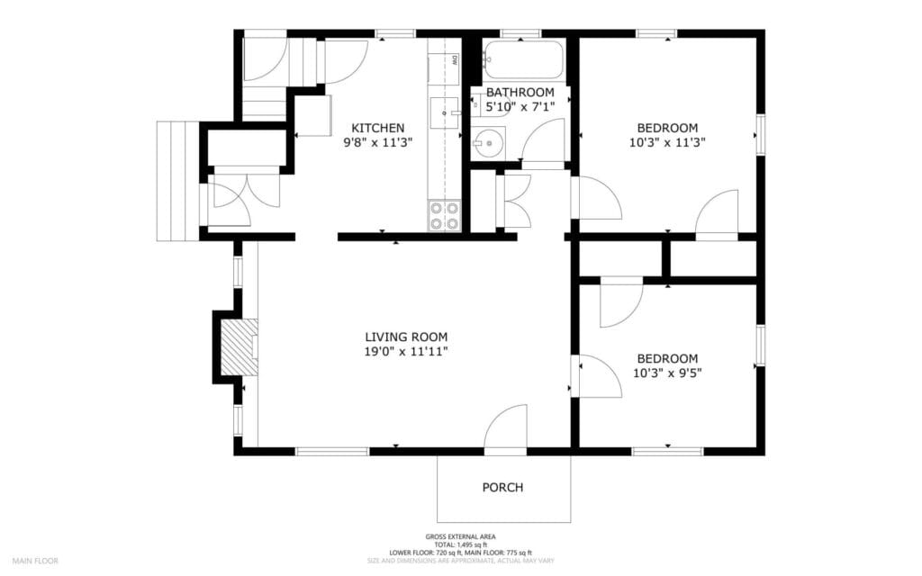 Black and white floor plan showing a home with a porch, living room, kitchen, bathroom, and two bedrooms. Each room is labeled with its name and dimensions in feet and inches.