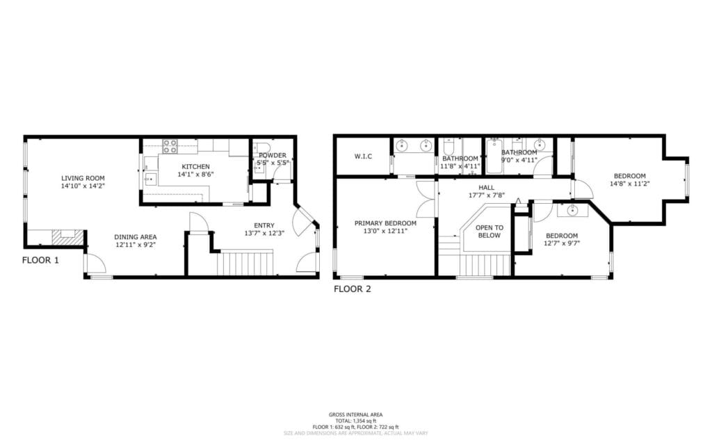 Black and white floor plan of a two-story house showing labeled rooms, including living room, dining area, kitchen, three bedrooms, bathrooms, hall, W.I.C., and open to below spaces. Room dimensions are included.