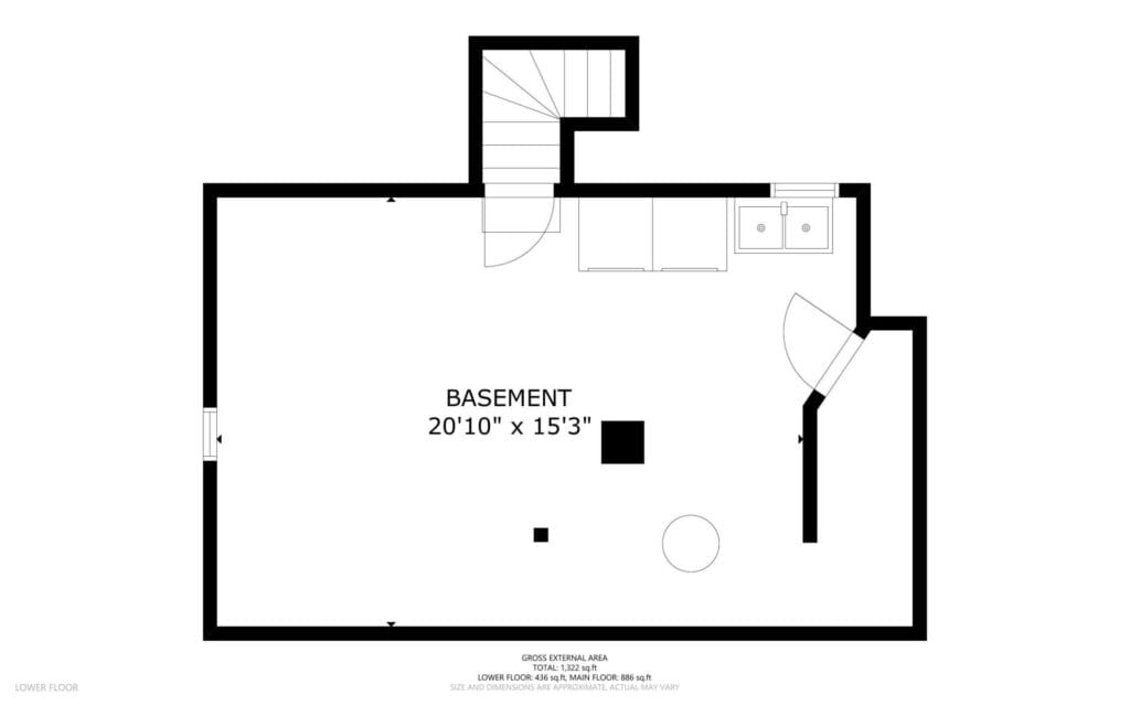 Black and white floor plan of a basement measuring 2010 by 153, with stairs at the top, a sink and counter on the right wall, and two doors—one on the left wall and one on the right side.