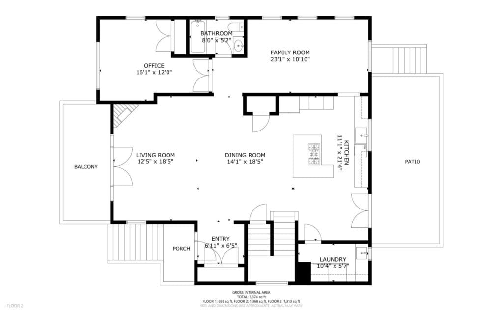 Black and white floor plan showing a porch, entry, living room, dining room, kitchen, laundry, patio, office, bathroom, and family room, with labeled dimensions for each room and clearly marked doors and windows.