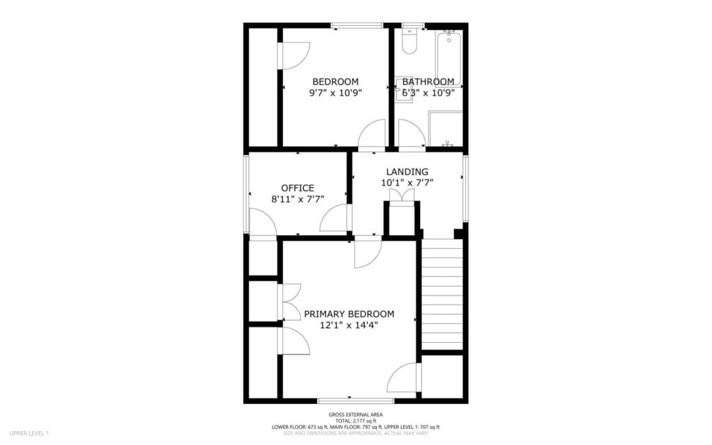 Black and white floor plan of an upper level with a primary bedroom, a second bedroom, an office, a bathroom, a landing, and a staircase. Each room is labeled with dimensions in feet and inches.