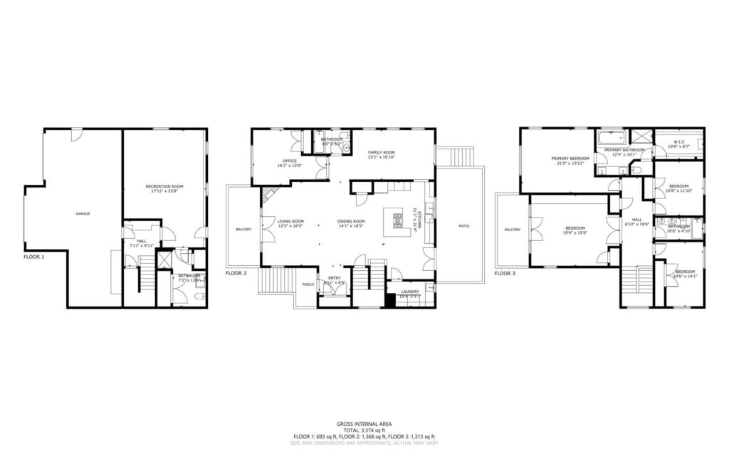 Black and white floor plan of a three-story house featuring a garage, recreation room, living and dining areas, kitchen, multiple bedrooms, bathrooms, staircases, and labeled dimensions for each room on all floors.