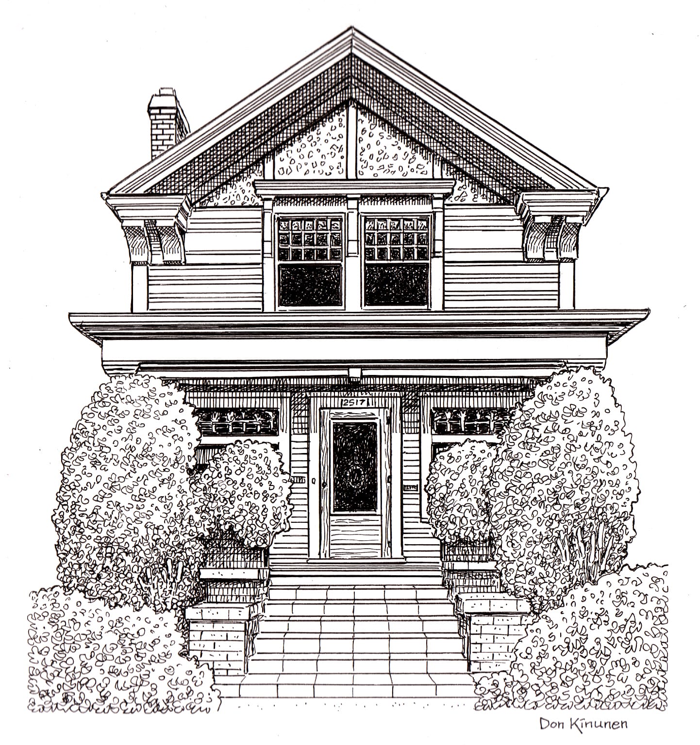 Black and white line drawing of a two-story house with a covered front porch, central door, square windows, and bushes lining the walkway and porch steps. The artist’s signature is in the bottom right corner.