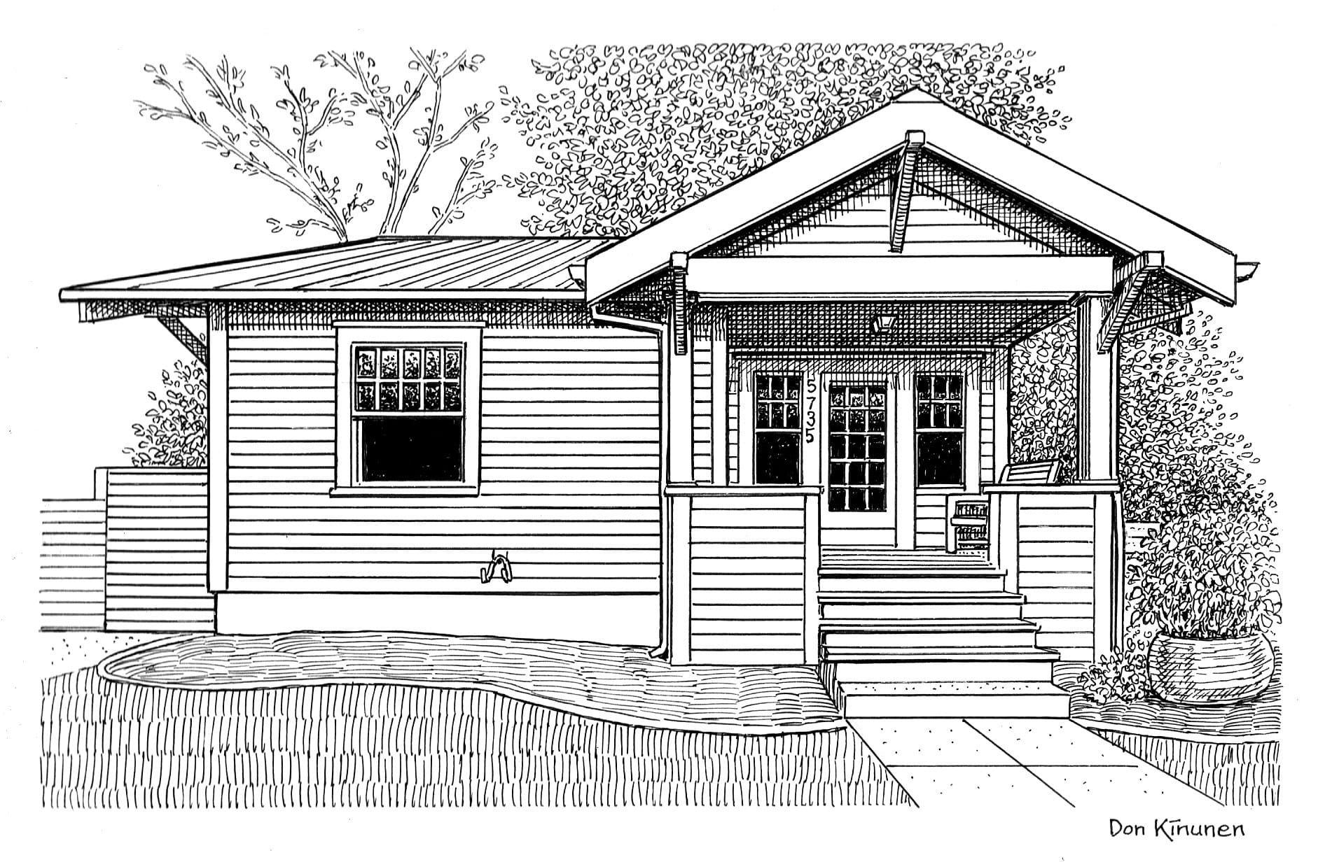 Black and white line drawing of a small bungalow-style house with a covered front porch, steps leading up, a side window, and trees in the background. The artists signature, Dom Klinunen, appears in the bottom right.