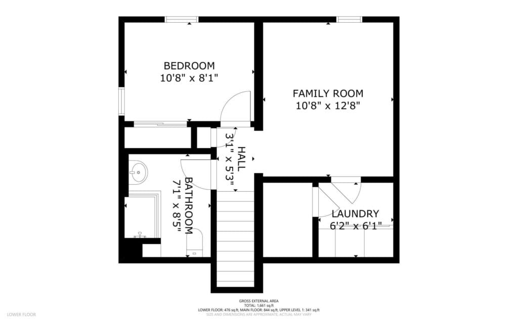 Black and white floor plan of a lower level with a bedroom, family room, bathroom, laundry room, and hall. Dimensions are labeled for each room; stairs are shown at the center of the plan.