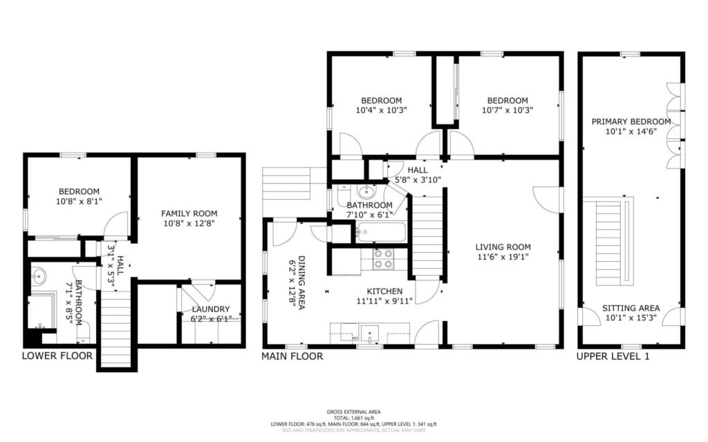 Black and white floor plan diagram showing three levels of a house: lower floor with two bedrooms, family room, bath, and laundry; main floor with two bedrooms, kitchen, dining, living area, and bath; upper level with primary bedroom and sitting area.