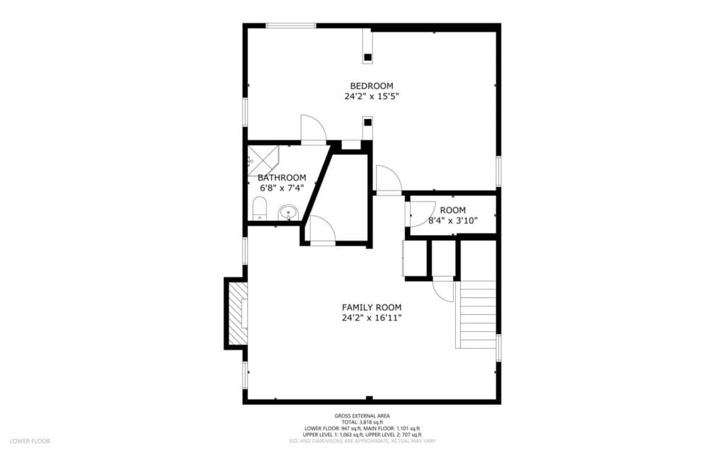 Black and white floor plan labeled Lower Floor, showing a large family room, bedroom, bathroom, small room, stairs, and an exterior door. Room dimensions are clearly indicated.