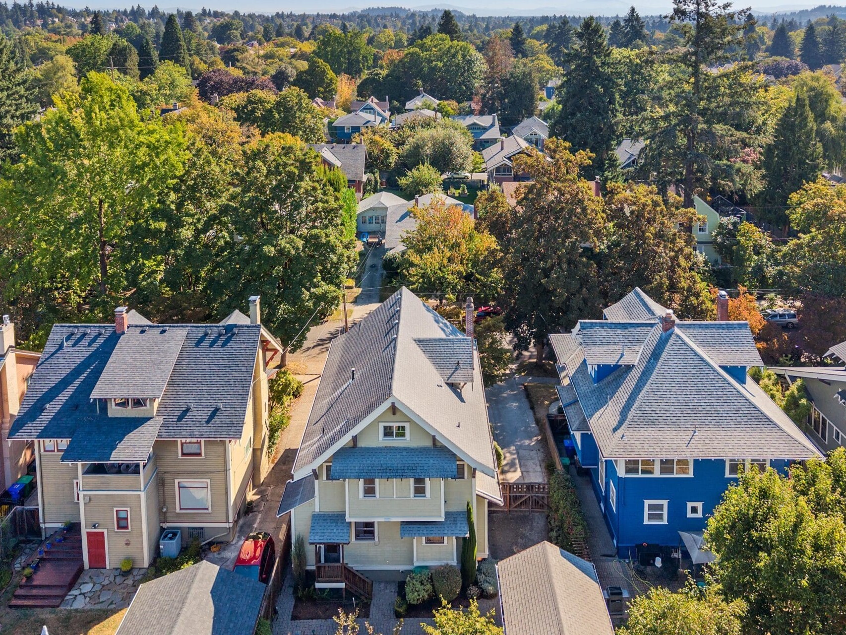 Aerial view of a residential neighborhood with tree-lined streets, colorful houses, and lush greenery on a sunny day.