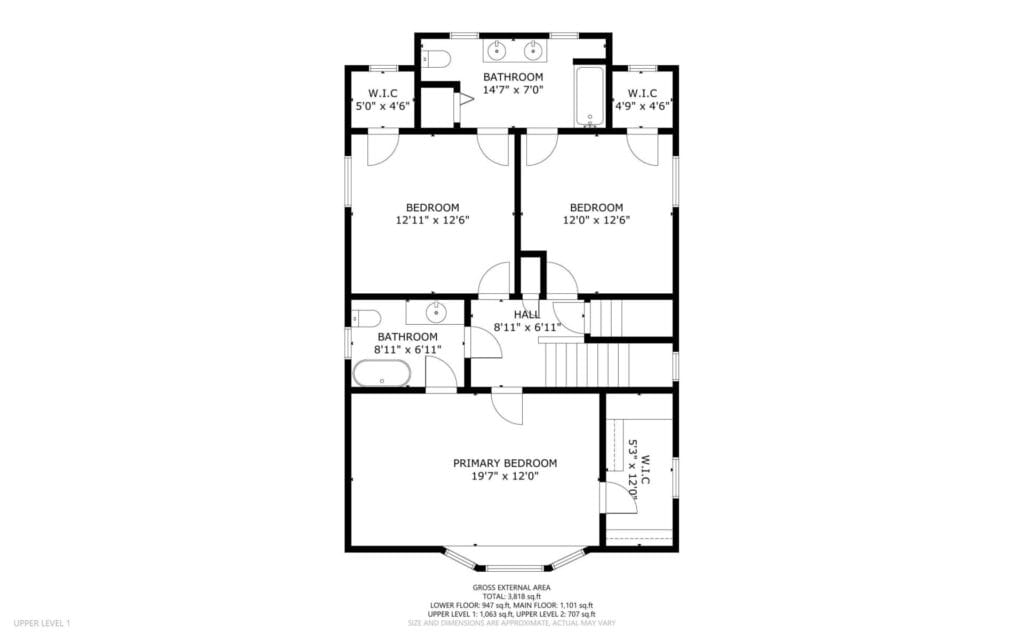 Black and white floor plan of the upper level of a house showing three bedrooms, two bathrooms, two walk-in closets, a hall, and a staircase. The primary bedroom is the largest and has direct access to a bathroom.