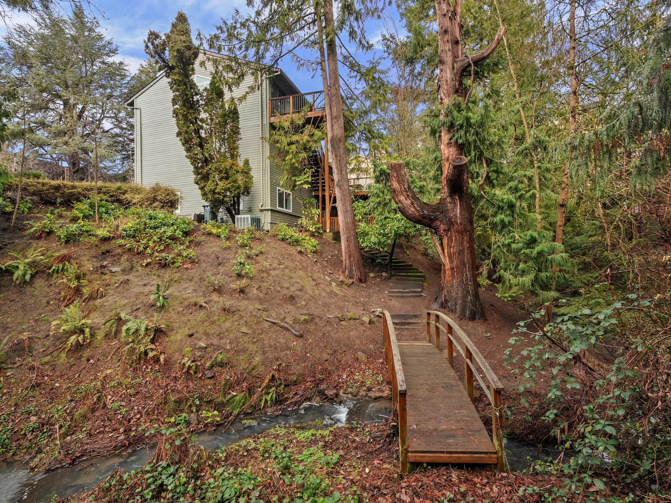 A small wooden footbridge crosses a narrow stream leading to a hillside house surrounded by tall trees and dense greenery on a cloudy day.
