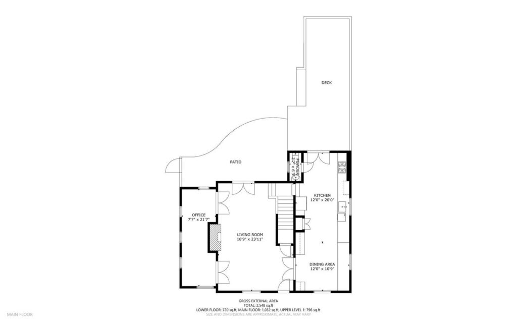 Black and white floor plan of a main floor showing an office, living room, kitchen, dining area, patio, and deck. Each room is labeled with dimensions and the layout of doors and walls is clearly marked.