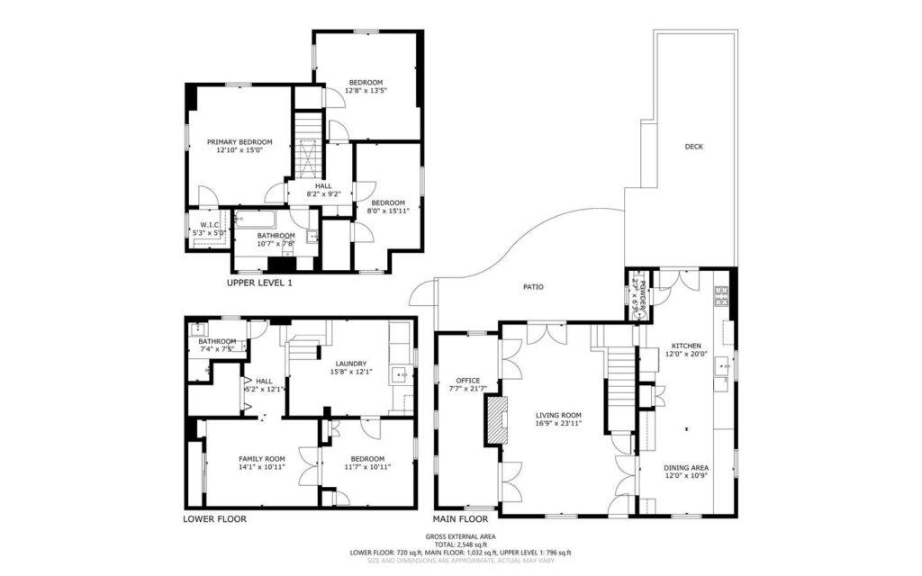 Black-and-white floor plan of a multi-level house showing labeled rooms: bedrooms, bathrooms, kitchen, living and dining areas, office, laundry, patio, and deck. Dimensions for each room are provided.