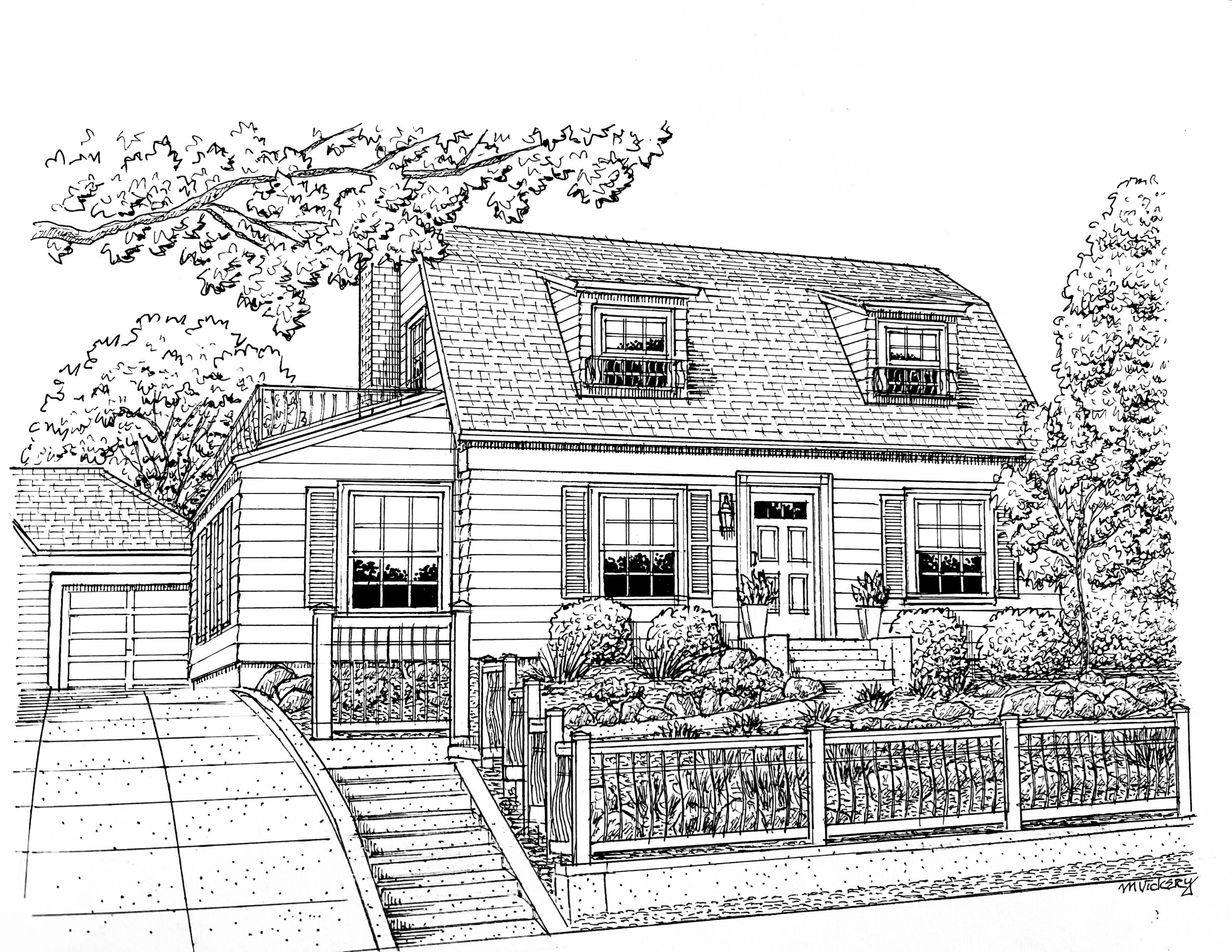 Black and white line drawing of a two-story house with dormer windows, a front porch, landscaped yard, a wooden fence, and a detached garage on the left, shaded by trees.