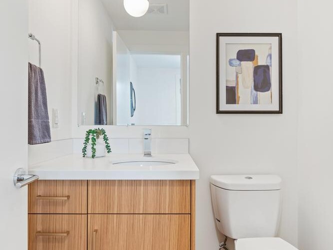 Modern bathroom with a wood vanity, white countertop, rectangular mirror, potted plant, toilet, abstract framed art on the wall, gold light fixture, and wood flooring.