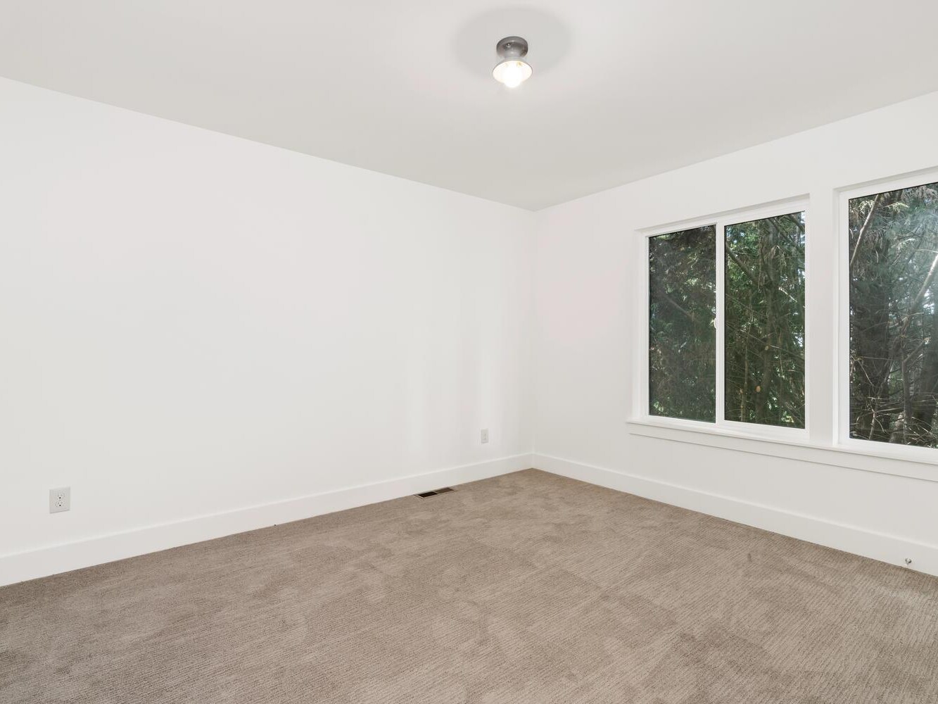 A small, empty room with white walls, a beige carpeted floor, a ceiling light, and two large windows showing dense greenery outside.