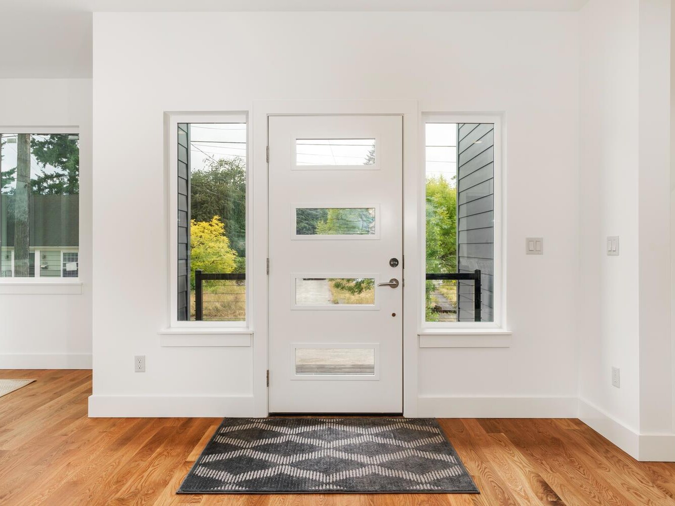 Modern white front door with four rectangular glass panels, flanked by two tall windows. A geometric-patterned rug lies on wood flooring, and bright natural light fills the entryway.
