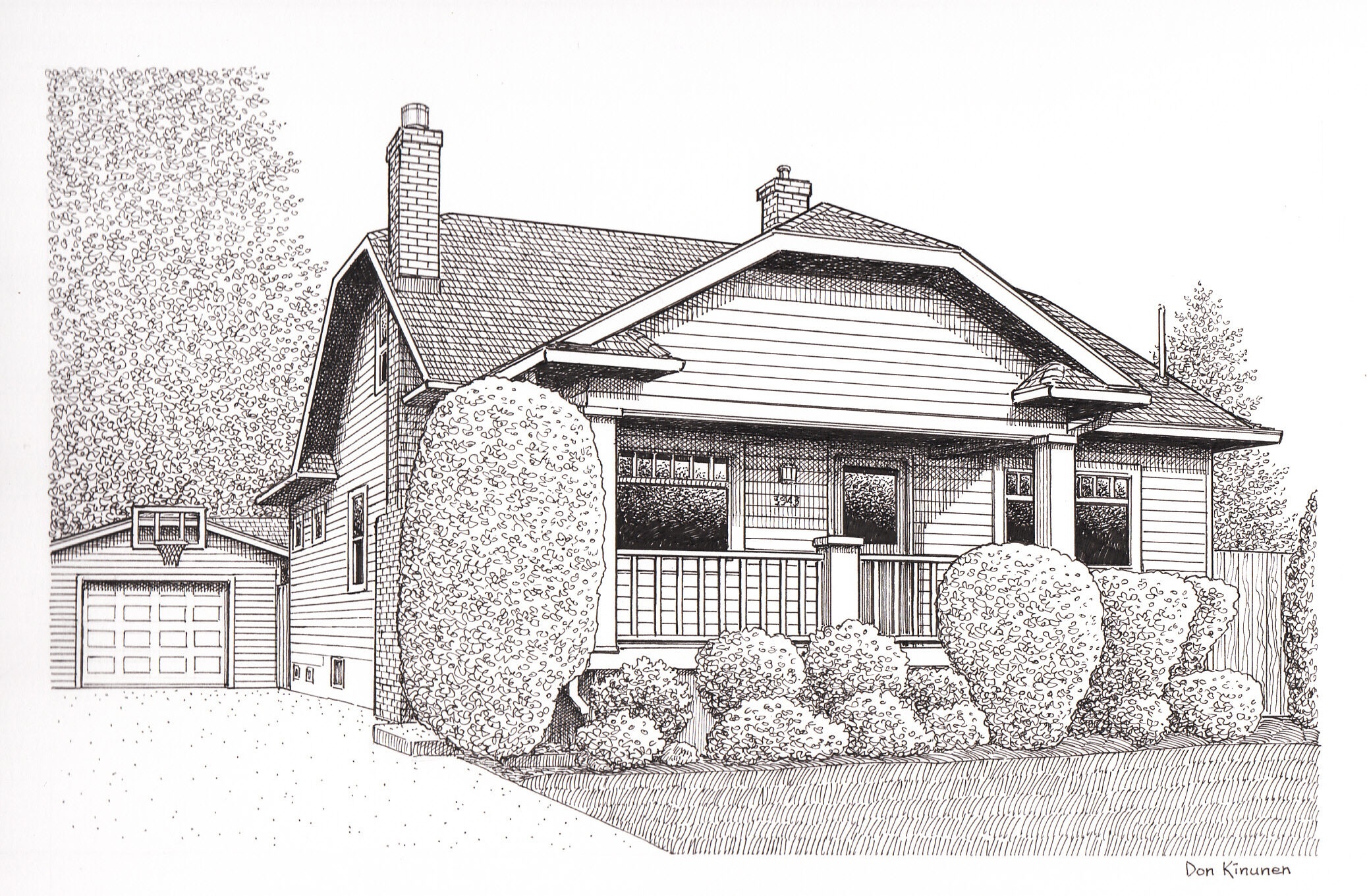 A detailed black and white pen drawing of a bungalow-style house with a covered front porch, shrubs in the yard, and a detached garage in the background. The scene is calm and residential.