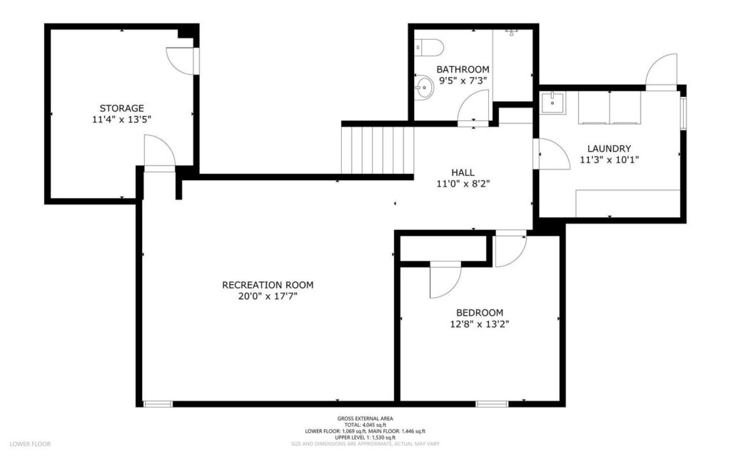 Floor plan of a lower level featuring a recreation room, bedroom, hall, bathroom, laundry room, and storage area, with labeled dimensions for each room and stair access shown.