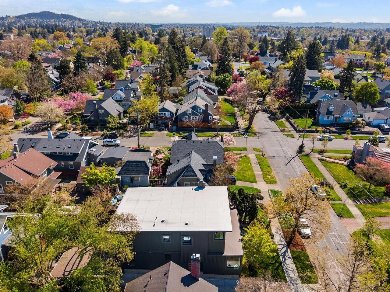 Aerial view of a suburban neighborhood with tree-lined streets, colorful houses, green lawns, and blooming trees on a sunny day. The area appears peaceful and well-maintained, with a mix of modern and older homes.