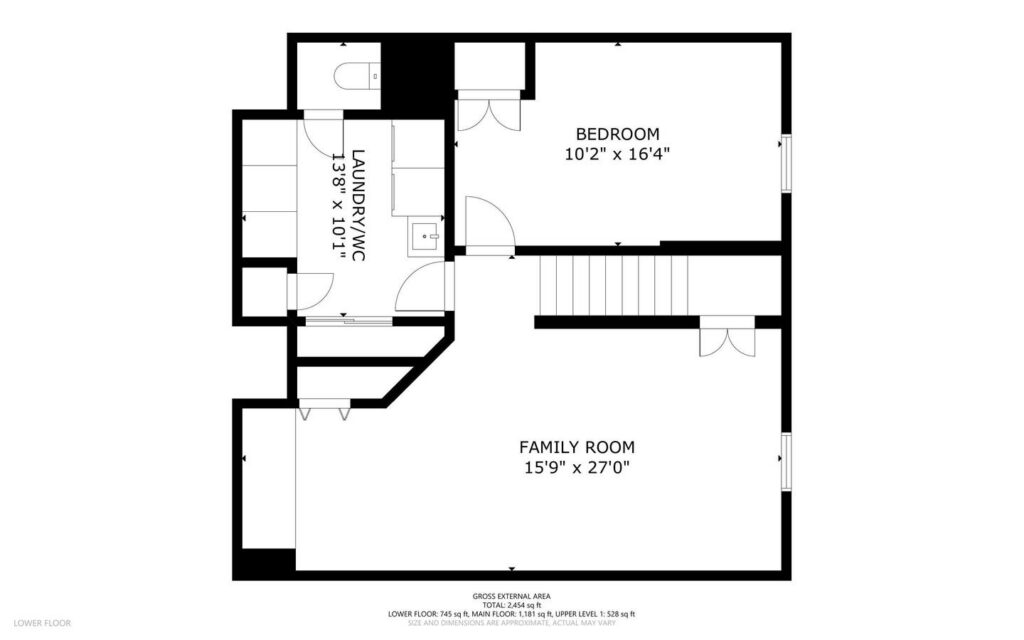 Black and white floor plan showing a lower floor with a family room, bedroom, laundry room, stairs, hallways, and doors connecting each space. Room dimensions are labeled within each area.