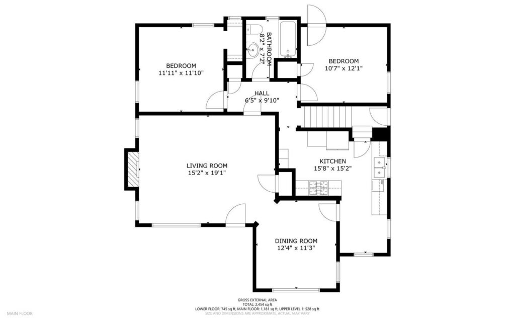 Black and white floor plan of a home showing two bedrooms, one bathroom, a living room, kitchen, dining room, and hall. Each room is labeled with dimensions in feet and inches.