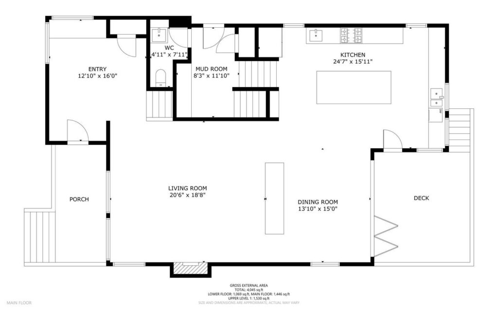 Black and white floor plan of a main floor featuring a porch, entry, WC, mud room, kitchen, deck, large living room, and dining room. Rooms are labeled with dimensions and connected by doors and stairs.